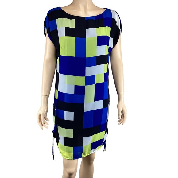 Milly of New York Dress‎ Size 8 Colorblock Geometric Print Blue Short Sleeve - Picture 2 of 8
